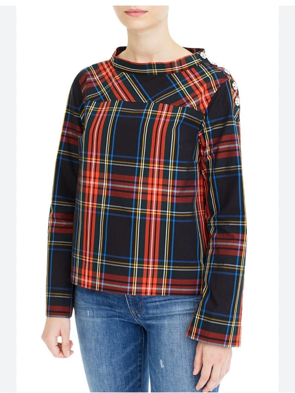 J. Crew Plaid Long-Sleeve Women’s Funnel-neck Top in Black & Red